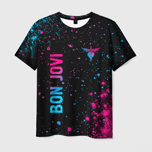 Мужская футболка 3D с принтом Bon Jovi - neon gradient: надпись, символ, вид спереди #2