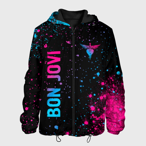 Мужская куртка 3D с принтом Bon Jovi - neon gradient: надпись, символ, вид спереди #2
