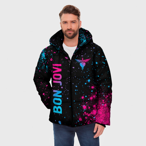 Мужская зимняя куртка 3D с принтом Bon Jovi - neon gradient: надпись, символ, фото на моделе #1