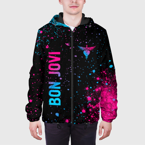 Мужская куртка 3D с принтом Bon Jovi - neon gradient: надпись, символ, вид сбоку #3