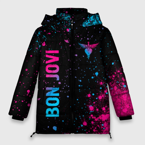Женская зимняя куртка 3D с принтом Bon Jovi - neon gradient: надпись, символ, вид спереди #2