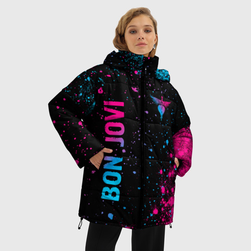 Женская зимняя куртка 3D с принтом Bon Jovi - neon gradient: надпись, символ, фото на моделе #1