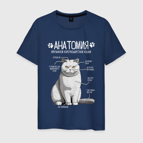 Мужская футболка из хлопка с принтом Анатомия британской кошки, вид спереди №1