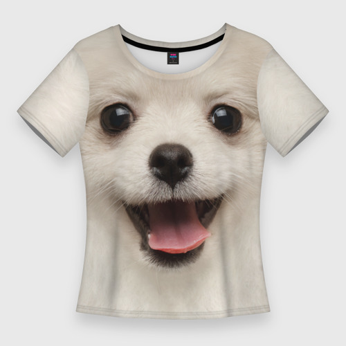 Женская приталенная футболка с принтом Белая собачка - Померанский Шпиц, вид спереди №1