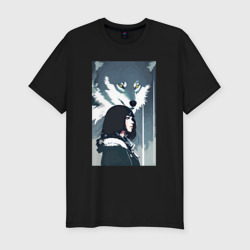 Мужская футболка хлопок Slim Девушка под защитой волка - нейросеть - аниме
