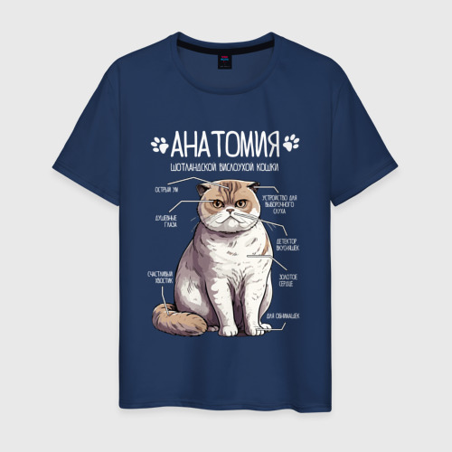 Мужская футболка из хлопка с принтом Шотландская кошка анатомия, вид спереди №1