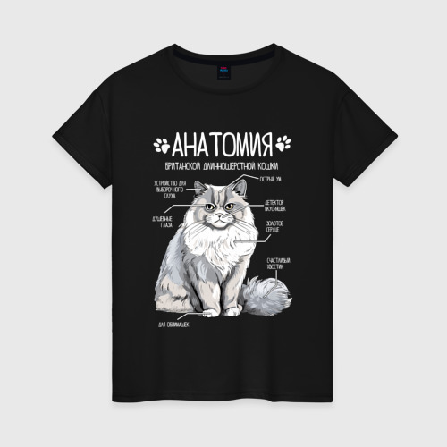 Женская футболка хлопок с принтом Анатомия британской длинношерстной кошки, вид спереди #2