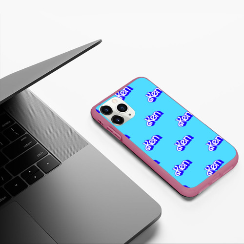 Чехол для iPhone 11 Pro матовый Синий логотип Кен - паттерн, цвет малиновый - фото 5