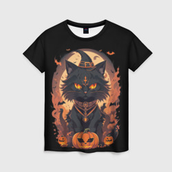 Женская футболка 3D Черный кот в хеллоуине