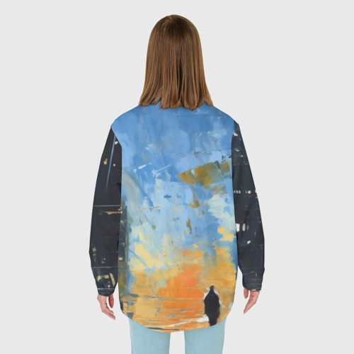 Женская рубашка oversize 3D с принтом Нарисованный человеческий силуэт на фоне города, вид сзади #2