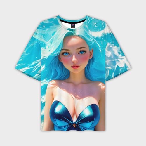 Мужская футболка oversize 3D Девушка на фоне бирюзовых волн, цвет 3D печать