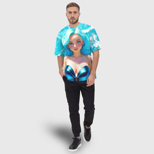 Мужская футболка oversize 3D Девушка на фоне бирюзовых волн, цвет 3D печать - фото 5