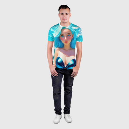Мужская футболка 3D Slim Девушка на фоне бирюзовых волн, цвет 3D печать - фото 4