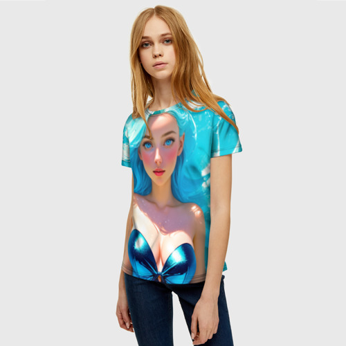 Женская футболка 3D Девушка на фоне бирюзовых волн, цвет 3D печать - фото 3