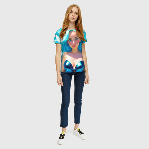 Женская футболка 3D Девушка на фоне бирюзовых волн, цвет 3D печать - фото 5
