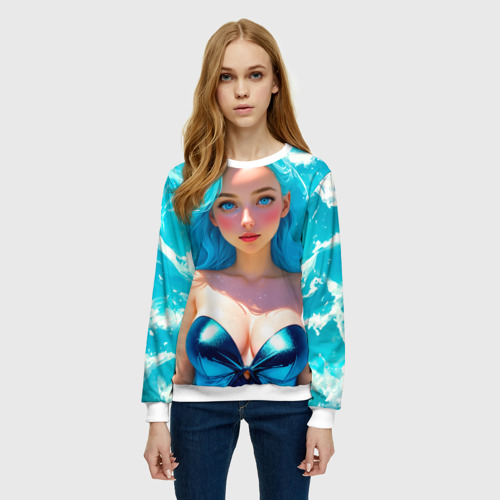 Женский свитшот 3D Девушка на фоне бирюзовых волн, цвет 3D печать - фото 3