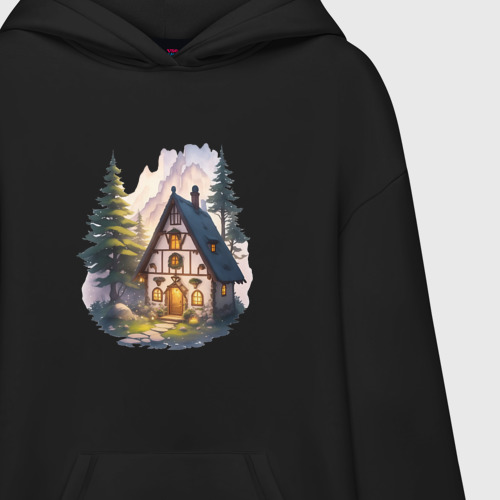 Худи SuperOversize хлопок с принтом Сказочный домик в лесу в горах, фото на моделе #1