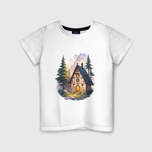 Детская футболка хлопок с принтом Сказочный домик в лесу в горах, вид спереди #2