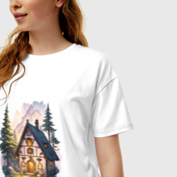 Женская футболка хлопок Oversize Сказочный домик в лесу в горах - фото 2