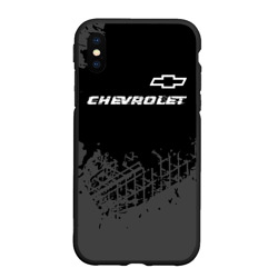 Чехол для iPhone XS Max матовый Chevrolet Speed на темном фоне со следами шин: символ сверху