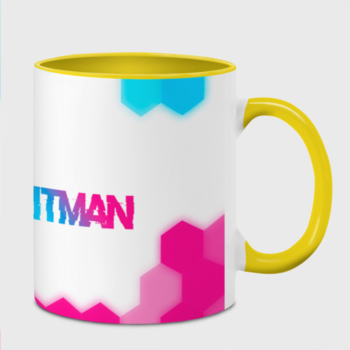 Кружка с полной запечаткой Hitman neon gradient style: надпись и символ, цвет белый + желтый