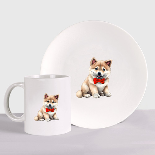 Набор: тарелка + кружка Акита Ину щенок