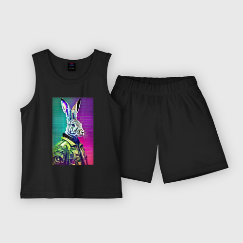 Детская пижама с шортами хлопок Неоновый модный заяц - нейросеть, цвет черный