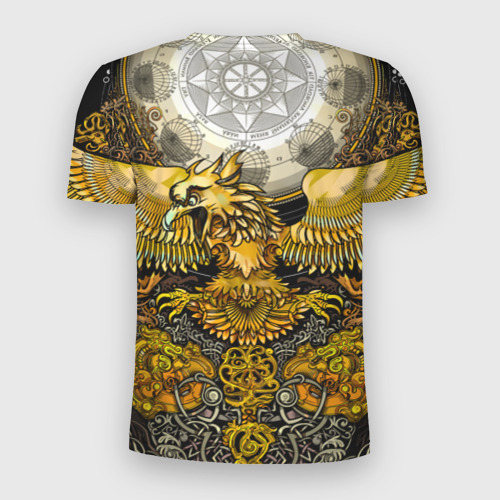 Мужская футболка 3D Slim с принтом Золотой орёл - славянский орнамент, вид сзади #1