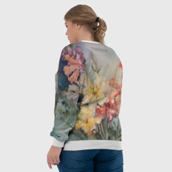 Свитшот с принтом Акварельные лилии для женщины, вид на модели сзади №3. Цвет основы: белый