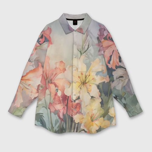 Женская рубашка оверсайз с принтом Акварельные лилии, вид спереди №1