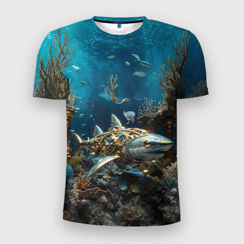 Мужская футболка 3D Slim с принтом Механическая акула, вид спереди #2