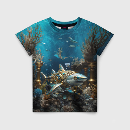 Детская футболка 3D с принтом Механическая акула, вид спереди #2