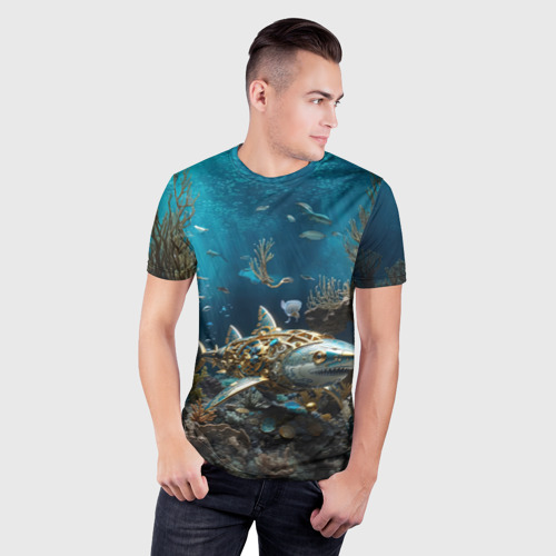 Мужская футболка 3D Slim с принтом Механическая акула, фото на моделе #1
