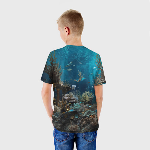 Детская футболка 3D с принтом Механическая акула, вид сзади #2