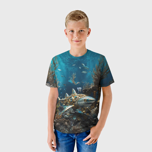 Детская футболка 3D с принтом Механическая акула, фото на моделе #1