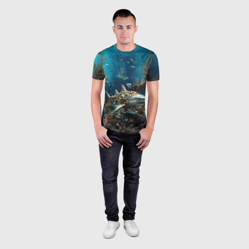 Мужская футболка 3D Slim с принтом Механическая акула, вид сбоку #3