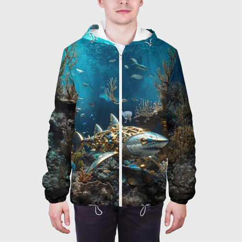 Мужская куртка 3D с принтом Механическая акула, вид сбоку #3