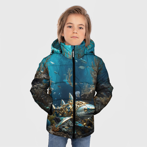 Зимняя куртка для мальчиков 3D с принтом Механическая акула, фото на моделе #1
