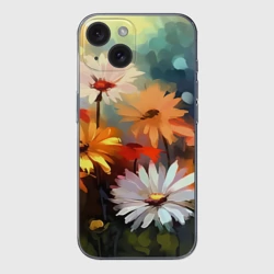 Чехол для iPhone 15 силиконовый с защитой камеры Маслянные ромашки