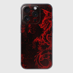 Чехол для iPhone 15 Pro Max силиконовый с защитой камеры Красный дракон - иероглифы