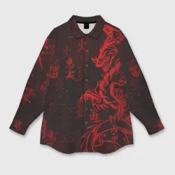 Женская рубашка oversize 3D Красный дракон - иероглифы