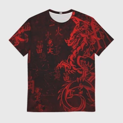 Мужская футболка 3D Красный дракон - иероглифы