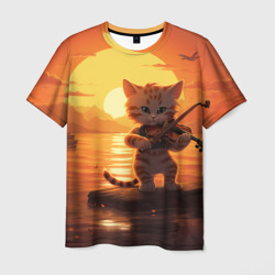 Мужская футболка 3D Кот, море, скрипка