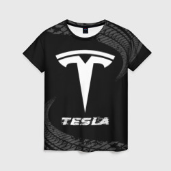 Женская футболка 3D Tesla Speed на темном фоне со следами шин