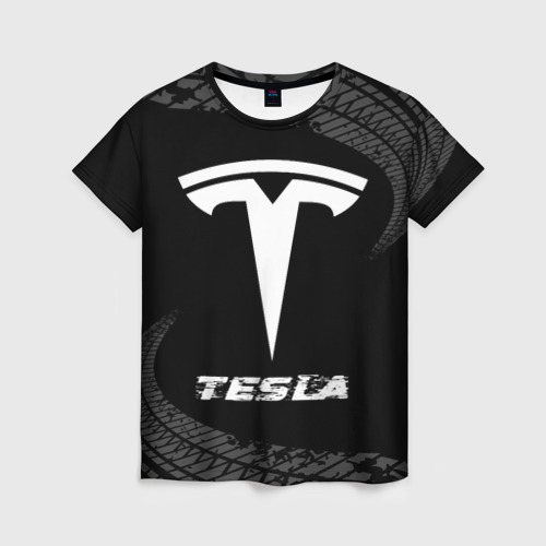 Женская футболка 3D Tesla Speed на темном фоне со следами шин, цвет 3D печать