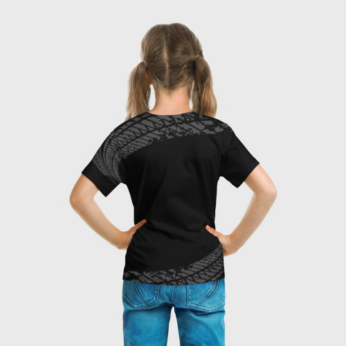 Детская футболка 3D с принтом Tesla speed на темном фоне со следами шин, вид сзади #2
