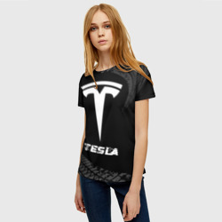 Женская футболка 3D Tesla Speed на темном фоне со следами шин - фото 2