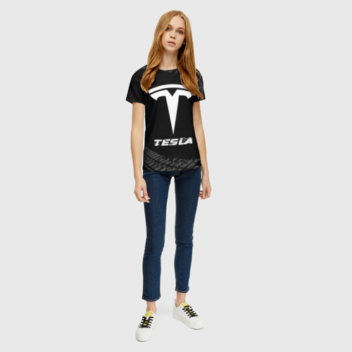 Женская футболка 3D Tesla Speed на темном фоне со следами шин, цвет 3D печать - фото 5