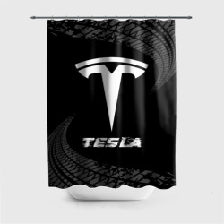 Штора 3D для ванной Tesla Speed на темном фоне со следами шин