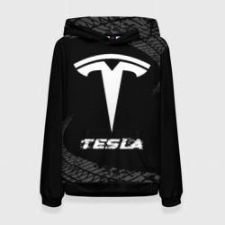 Женская толстовка 3D Tesla Speed на темном фоне со следами шин